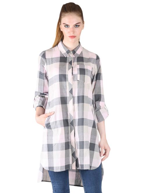 long sleeved checkered high low tunic - 17001224 - Very Small Image - 1