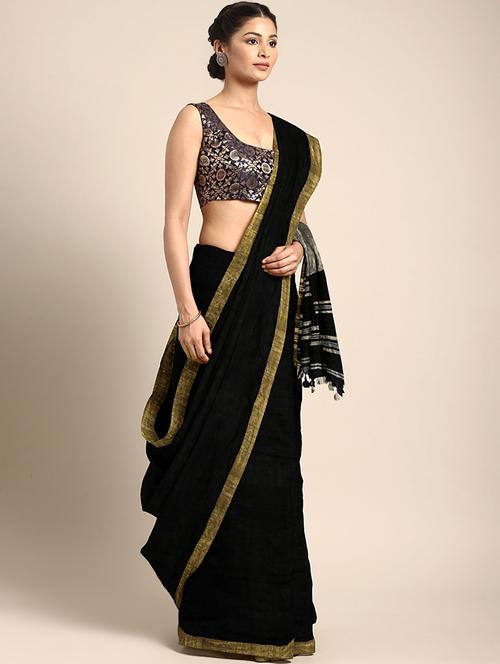 women's bordered black colored saree with blouse - 17007599 - Very Small Image - 1