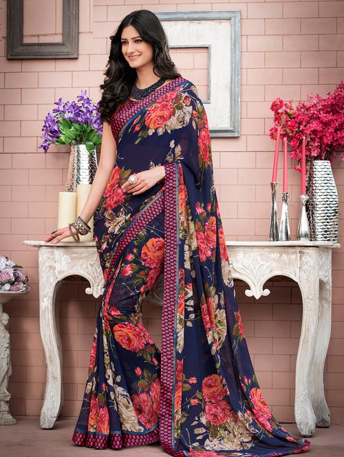 floral printed saree with blouse - 17008124 - Very Small Image - 1