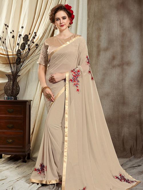 solid embroidered saree with blouse - 17008172 - Very Small Image - 1