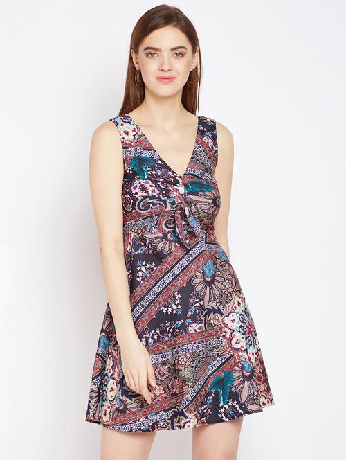 v neck graphic print flared dress - 17011030 - Very Small Image - 1