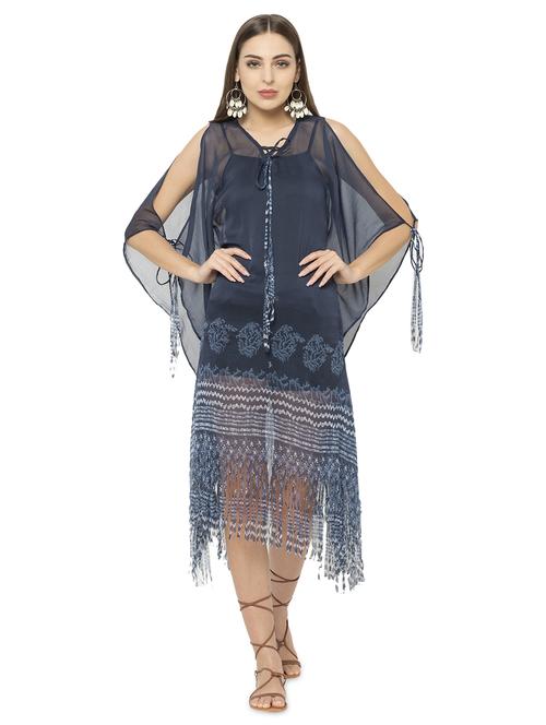 navy blue relaxed fit sheer printed tie up neck kaftan dress - 17011430 - Very Small Image - 1