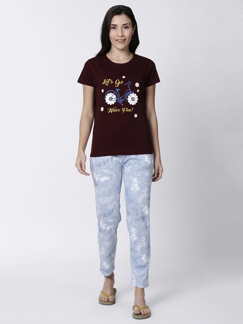 round neck graphic tee with pajama set - 17012779 - Very Small Image - 1