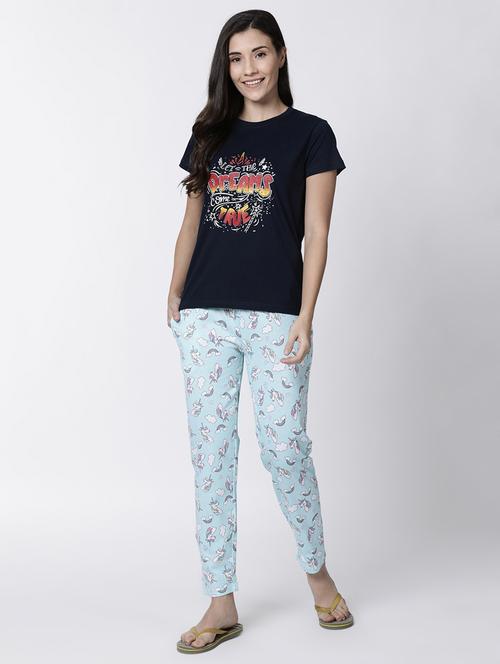 round neck graphic tee with pajama set - 17012780 - Very Small Image - 1