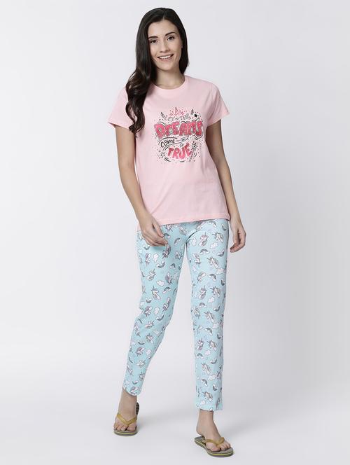 round neck graphic tee with pajama set - 17012781 - Very Small Image - 1