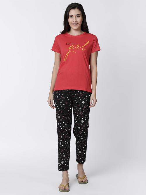 round neck graphic tee with pajama set - 17012785 - Very Small Image - 1