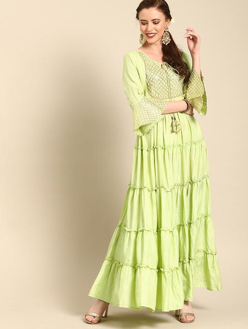 green silk blend flared ethnic dress - 17013542 - Very Small Image - 1