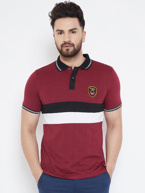 maroon color block polo t-shirt - 17013850 - Very Small Image - 1
