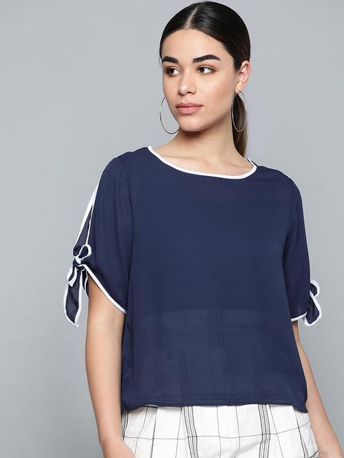 contrast piped tie knot sleeved top - 17013876 - Very Small Image - 1