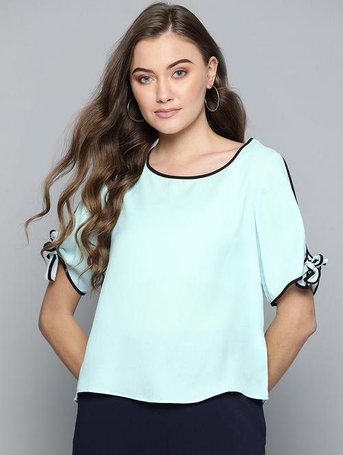 contrast piped tie knot sleeved top - 17013877 - Very Small Image - 1