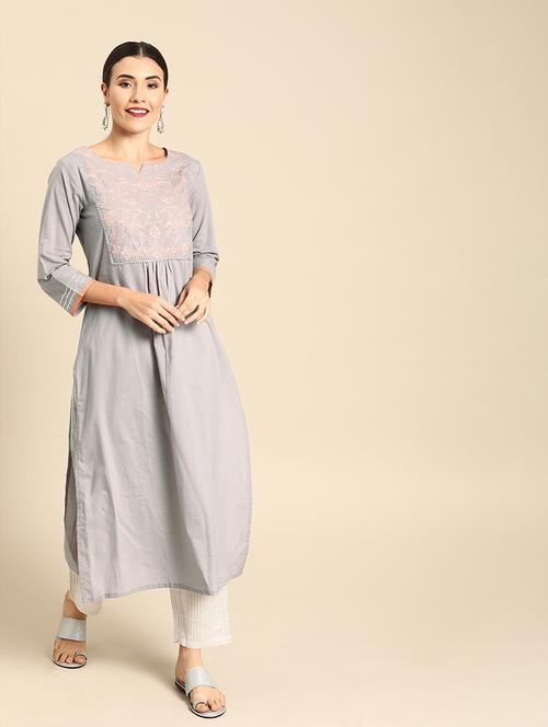 embroidered yoke straight kurta - 17014961 - Very Small Image - 1
