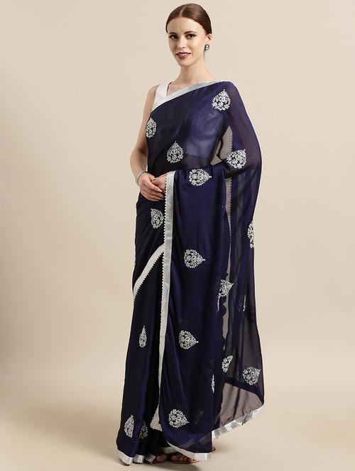 bordered embroidered saree with blouse - 17014973 - Very Small Image - 1