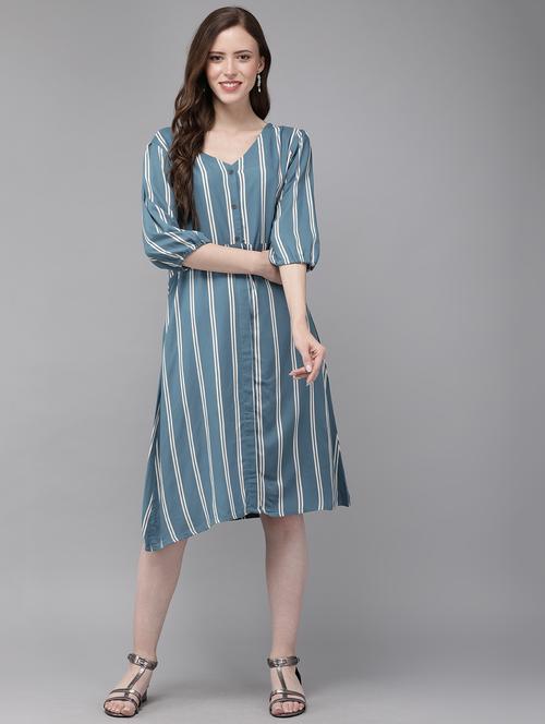 v neck striped a-line dress - 17015369 - Very Small Image - 1
