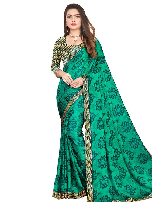 turquoise chiffon printed saree with blouse - 17016452 - Very Small Image - 1