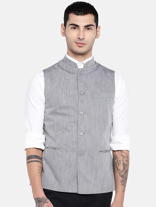 grey solid nehru jacket - 17018244 - Very Small Image - 1