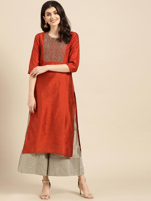 yoke embroidered straight kurta - 17019439 - Very Small Image - 1
