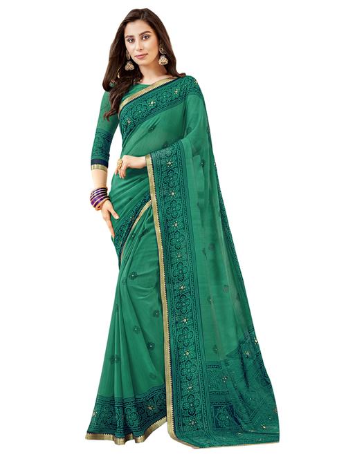 green georgette printed saree with blouse - 17020171 - Very Small Image - 1
