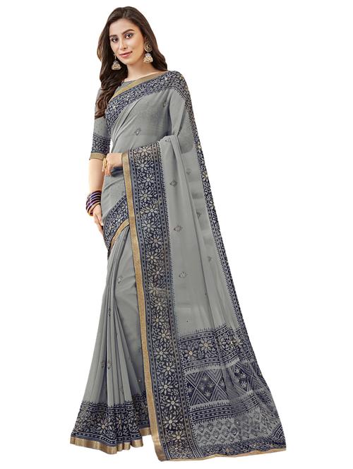 grey georgette printed saree with blouse - 17020174 - Very Small Image - 1