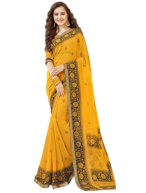 yellow georgette printed saree with blouse - 17020175 - Very Small Image - 1