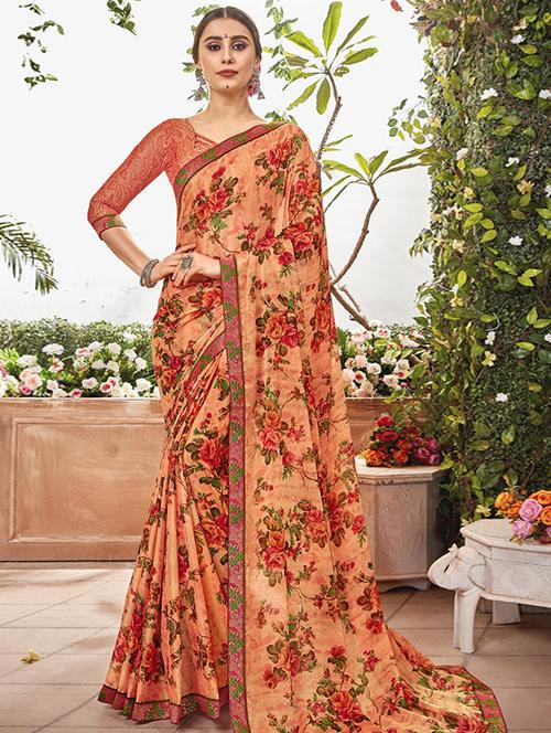 floral printed saree with blouse - 17020187 - Very Small Image - 1