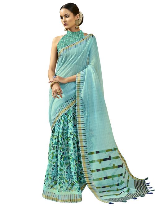 turquoise cotton printed saree with blouse - 17020202 - Very Small Image - 1