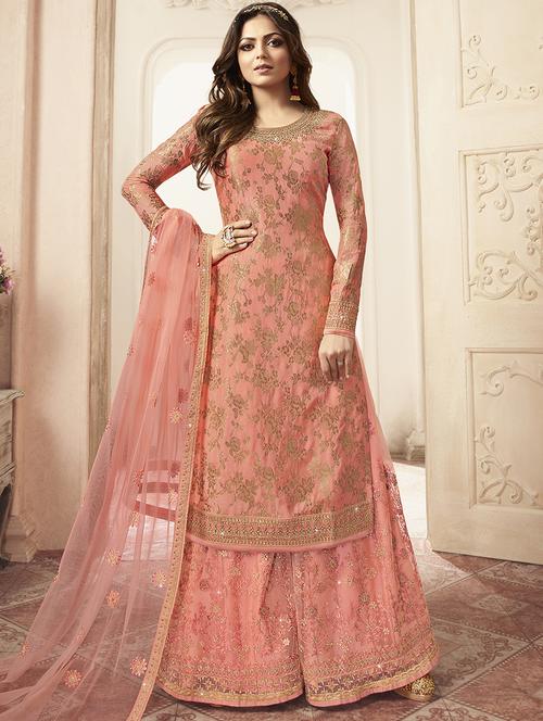 embroidered sharara semi-stitched suit - 17022190 - Very Small Image - 1