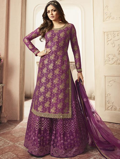 embroidered sharara semi-stitched suit - 17022191 - Very Small Image - 1