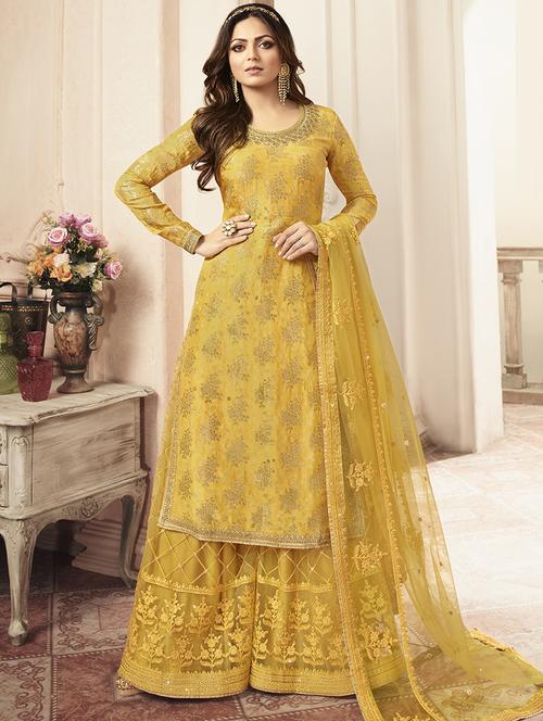 embroidered sharara semi-stitched suit - 17022193 - Very Small Image - 1