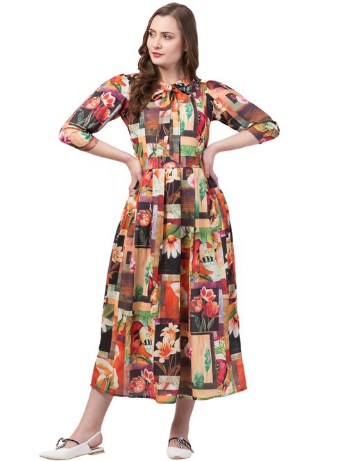 tie up neck printed a-line dress - 17028259 - Very Small Image - 1