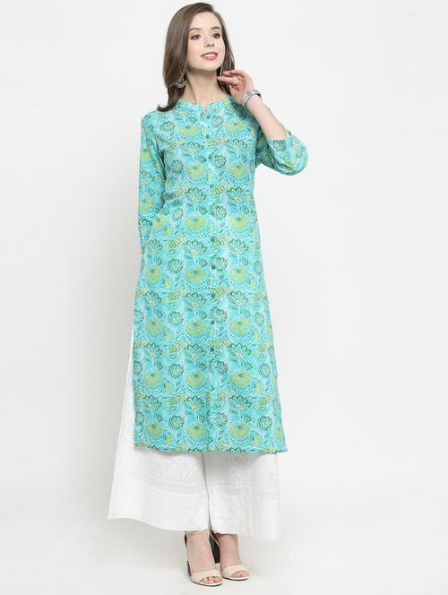 turquoise floral straight kurta - 17028625 - Very Small Image - 1
