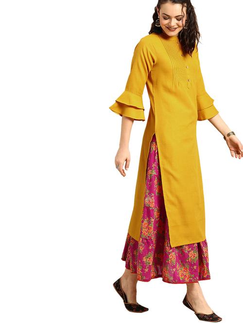 bell sleeves solid straight kurta - 17028682 - Very Small Image - 1