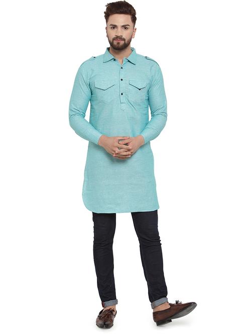 blue solid pathani kurta - 17030850 - Very Small Image - 1