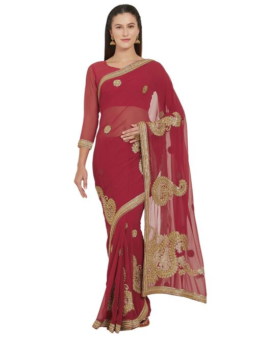 embellished solid saree with blouse - 17061381 - Very Small Image - 1