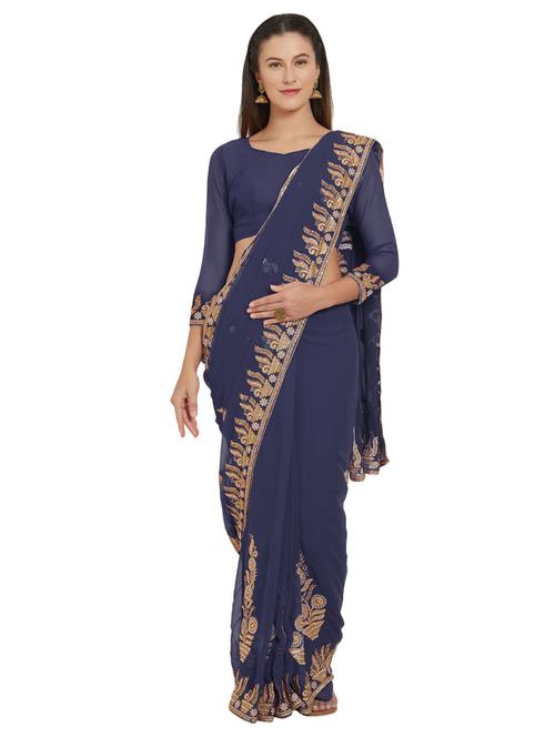 embellished solid saree with blouse - 17061391 - Very Small Image - 1