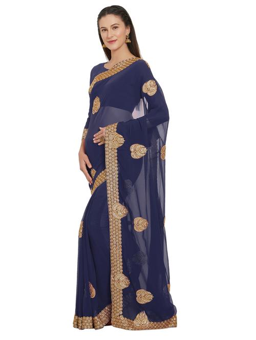 embellished solid saree with blouse - 17061394 - Very Small Image - 1