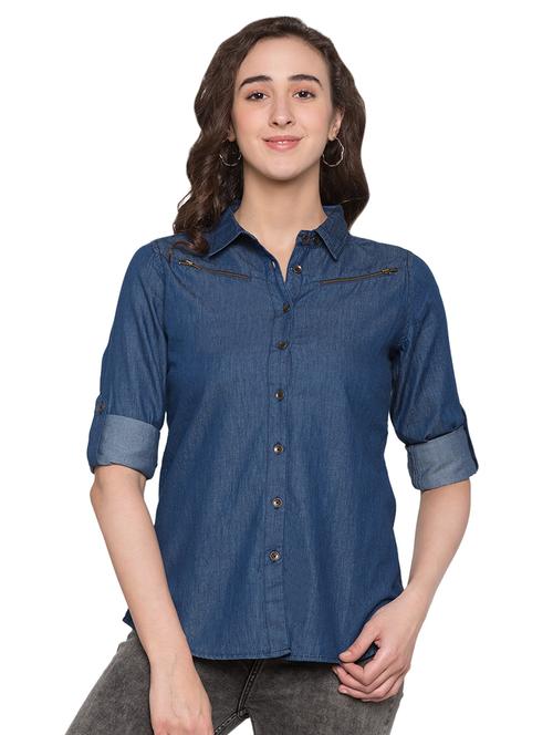 curved hem denim shirt - 17065623 - Very Small Image - 1