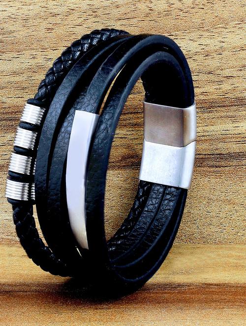 silver, black leather bracelet - 17068752 - Very Small Image - 1