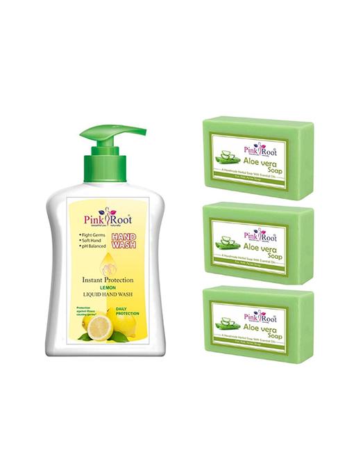 pink root lemon hand wash 200ml with aloe vera soap 100gm 3pcs (pack of 4) - 17071862 - Very Small Image - 1