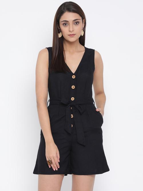 tie front contrast button up romper - 17074147 - Very Small Image - 1