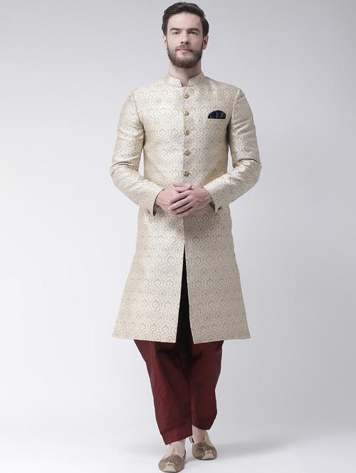 cream silk blend sherwani ethnic wear set - 17078171 - Very Small Image - 1