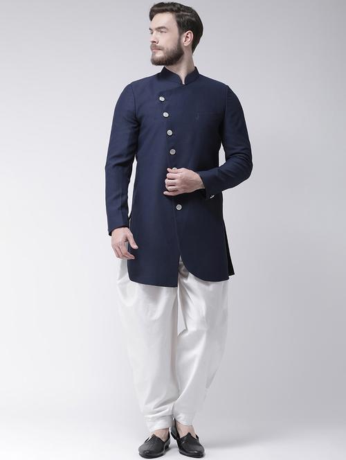 navy blue silk blend sherwani ethnic wear set - 17078177 - Very Small Image - 1