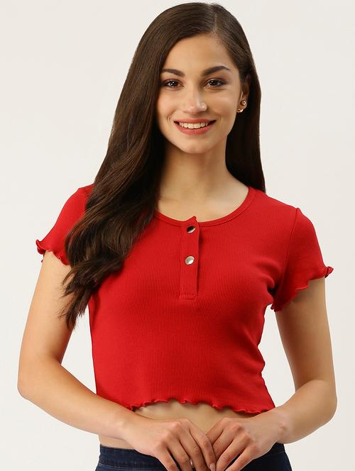 henley neck ribbed crop top - 17079816 - Very Small Image - 1