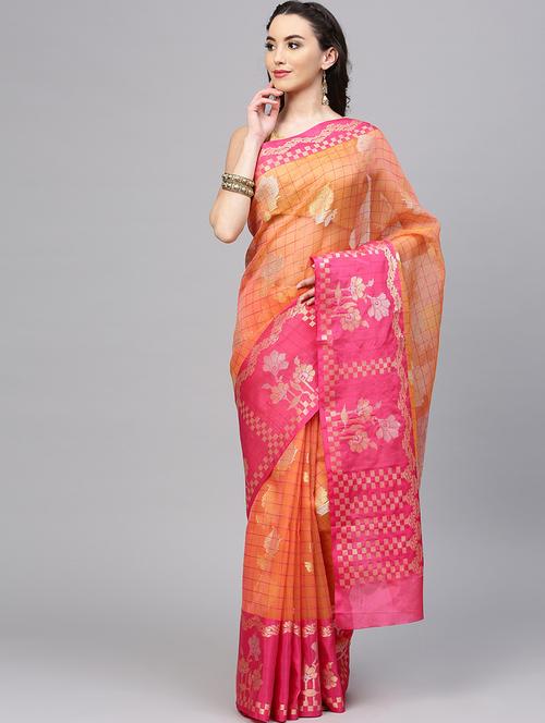 checkered chanderi saree with blouse - 17083878 - Very Small Image - 1