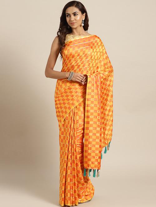 women's checks mustard colored saree with blouse - 17083931 - Very Small Image - 1