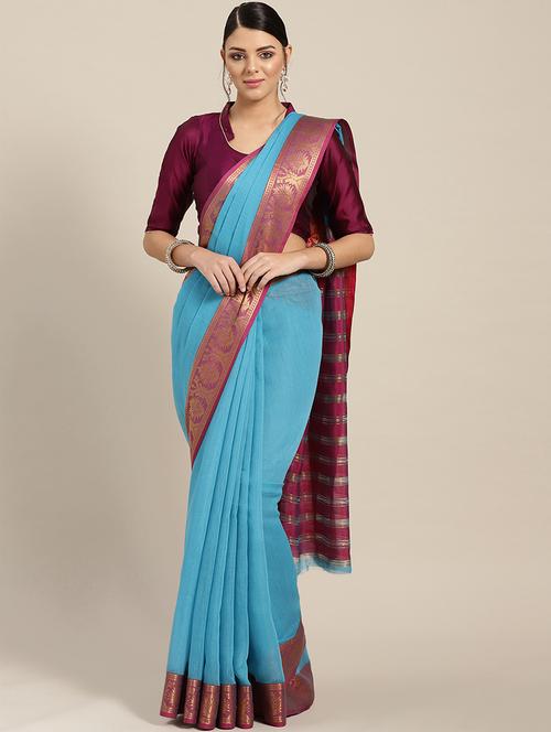 turquoise silk chanderi saree with blouse - 17083989 - Very Small Image - 1