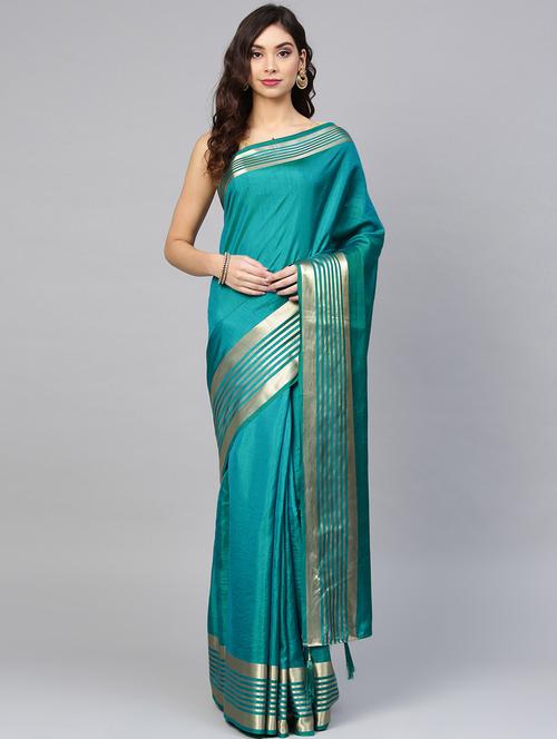 turquoise solid saree with blouse - 17084504 - Very Small Image - 1