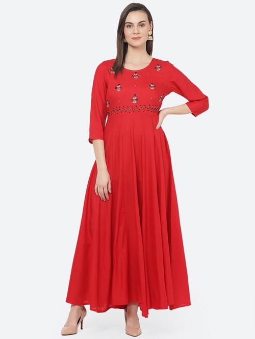 red rayon fit & flare ethnic dress - 17084776 - Very Small Image - 1