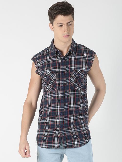 navy blue checkered casual shirt - 17086066 - Very Small Image - 1