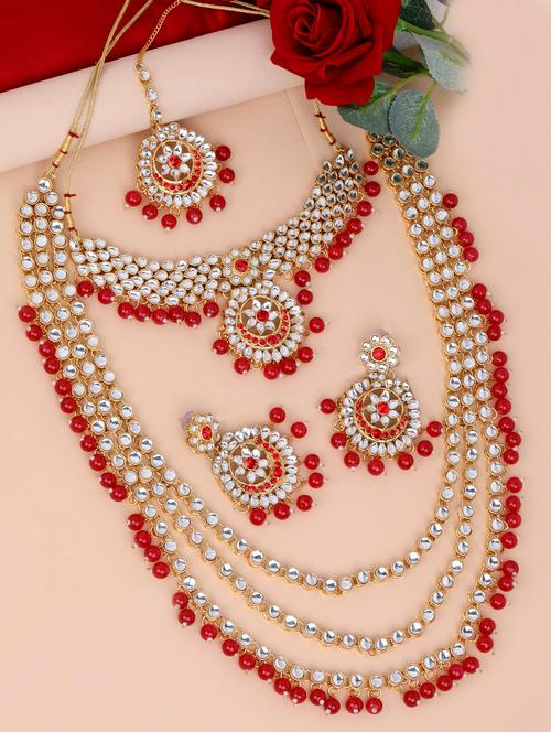 red gold plated necklaces and earring with maangtikka - 17088807 - Very Small Image - 1