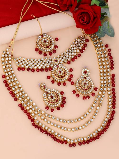 red gold plated necklaces and earring with maangtikka - 17088808 - Very Small Image - 1